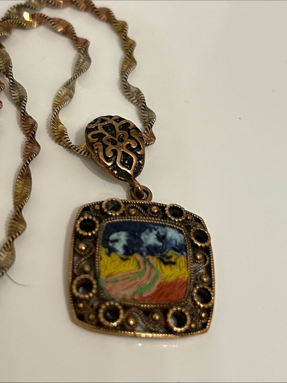 Vintage Van Gogh’s painting “Wheatfield w/ Crows” micro-mosaic Sterling Necklace